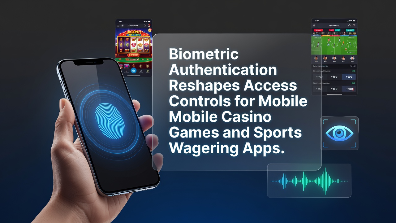 Mobile device displaying biometric login screen for casino and sports betting app with fingerprint and facial recognition icons