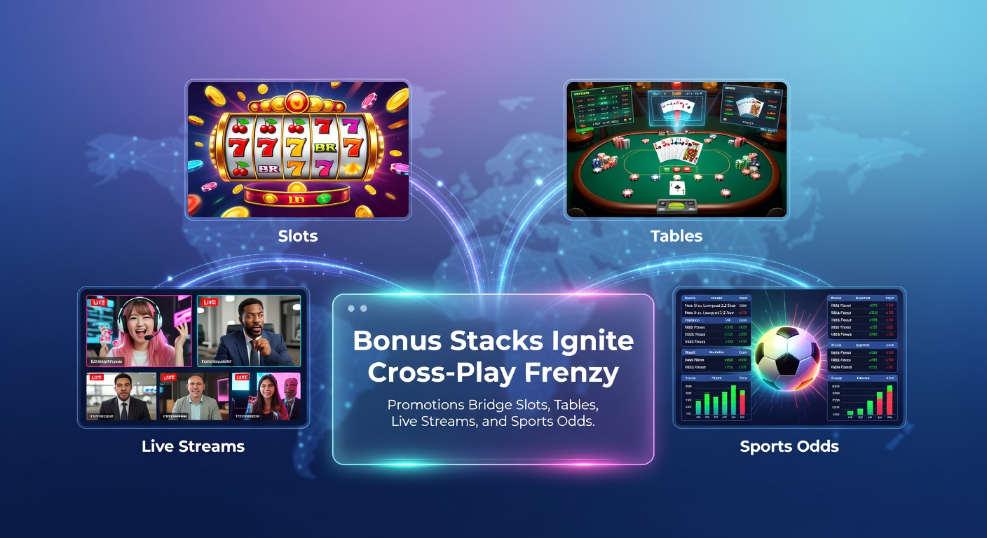 Vibrant casino interface showing stacked bonuses across slots, tables, live streams, and sports odds, with players seamlessly switching games