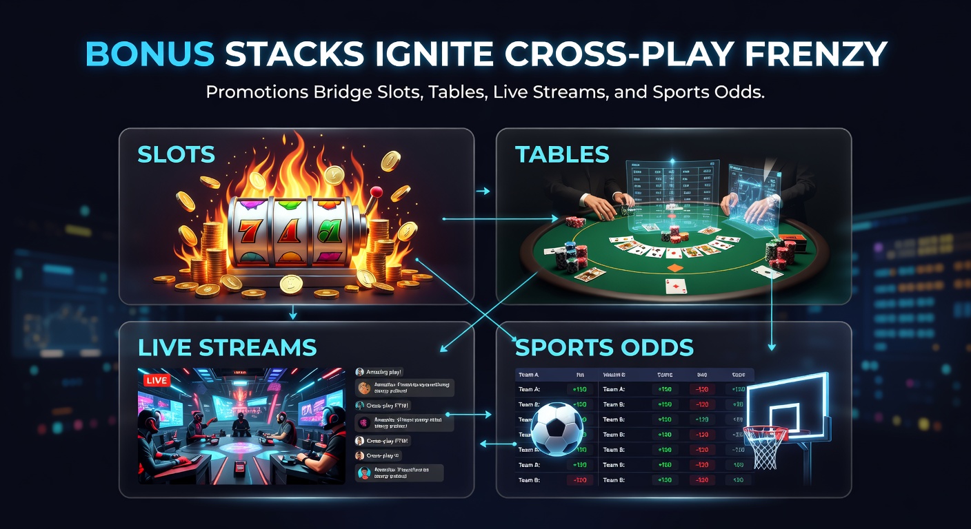 Dynamic split-screen of a player stacking bonuses: slots spinning, table cards flipping, live dealer waving, and sports odds updating in real-time