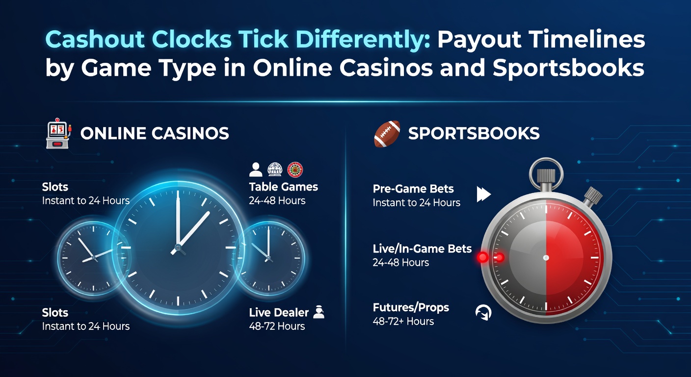 Digital clock showing varying payout timelines overlayed on casino game icons like slots, roulette wheels, and sports betting slips