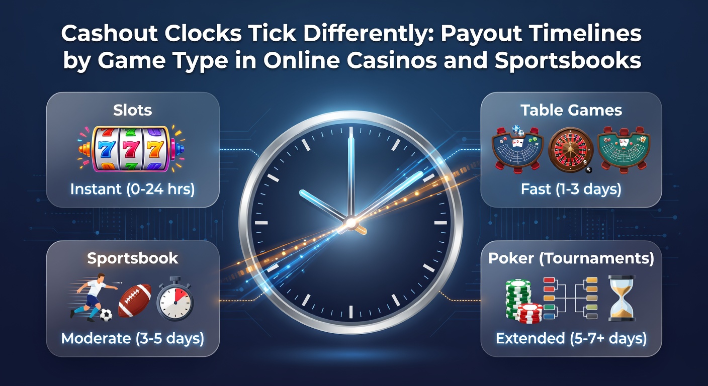 Comparison chart of payout clocks for different games, with sportsbooks showing longer ticks next to fast slot reels and live dealer tables