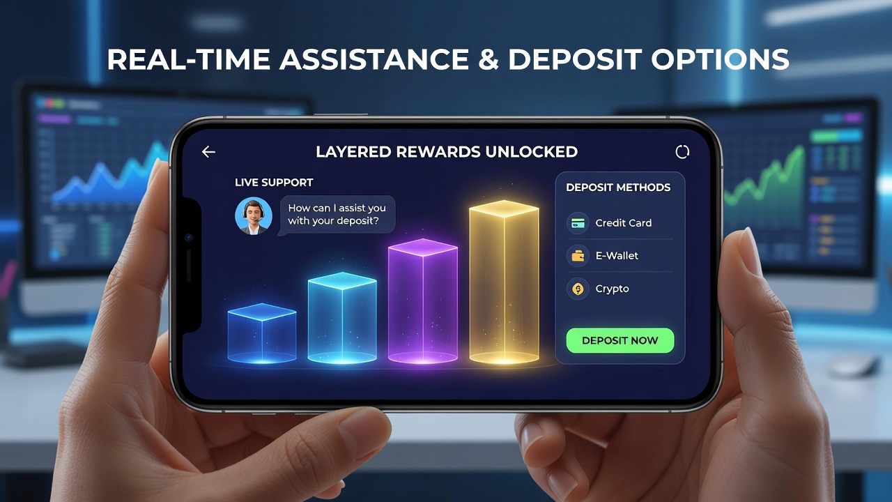 Sports betting app displaying layered rewards and real-time assistance during deposit