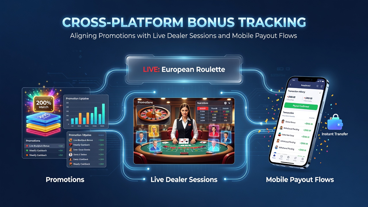 Cross-platform bonus tracking dashboard showing live dealer sessions integrated with mobile payout systems