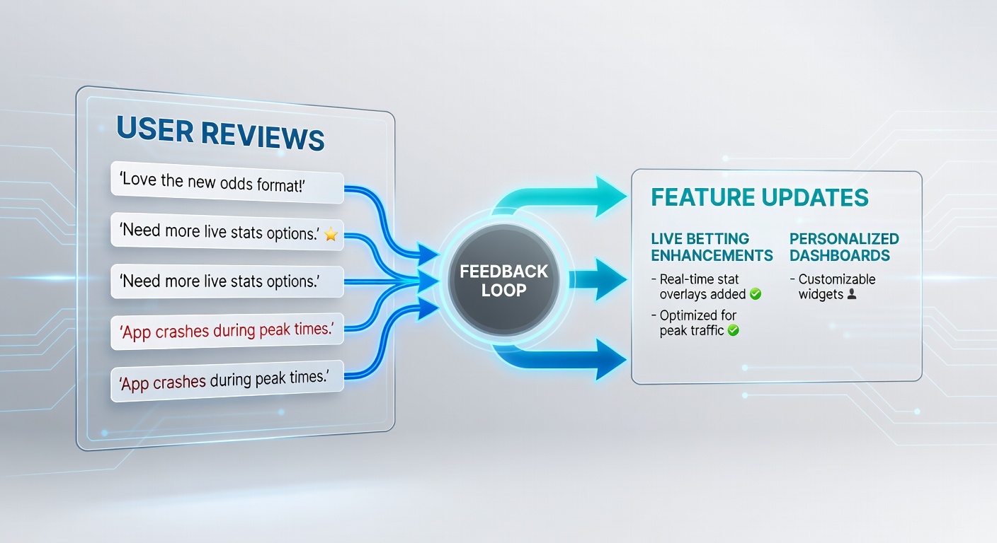 Mobile interface showing user review analysis dashboard for betting app updates