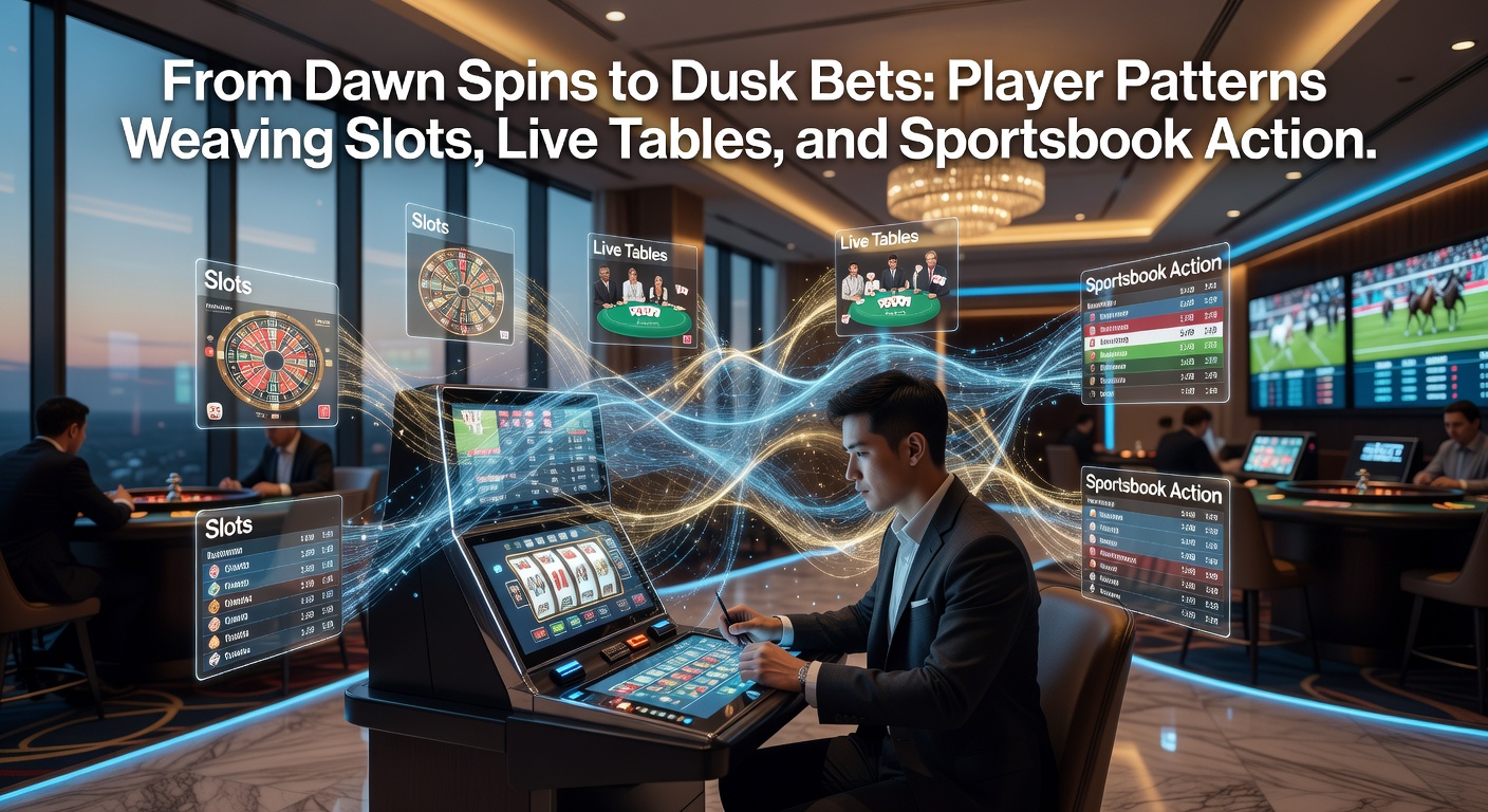 A dynamic clock overlay on casino games showing slots in morning light, live tables at dusk, and sportsbook odds glowing at night