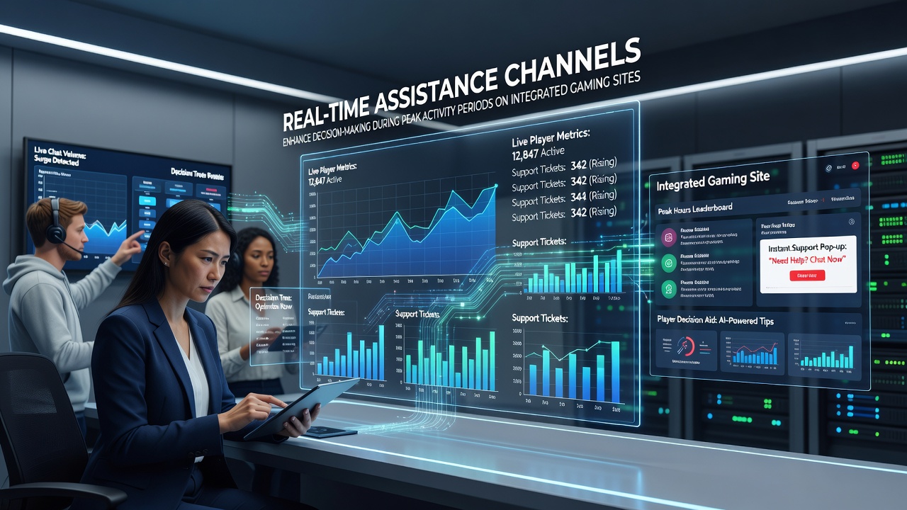 Real-time assistance dashboard showing live chat and decision prompts during peak gaming hours on an integrated platform