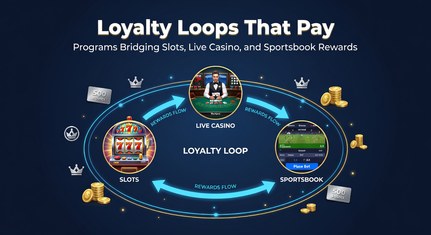 Graphic illustrating interconnected loyalty rewards across slots, live casino tables, and sportsbook interfaces, with points flowing between platforms