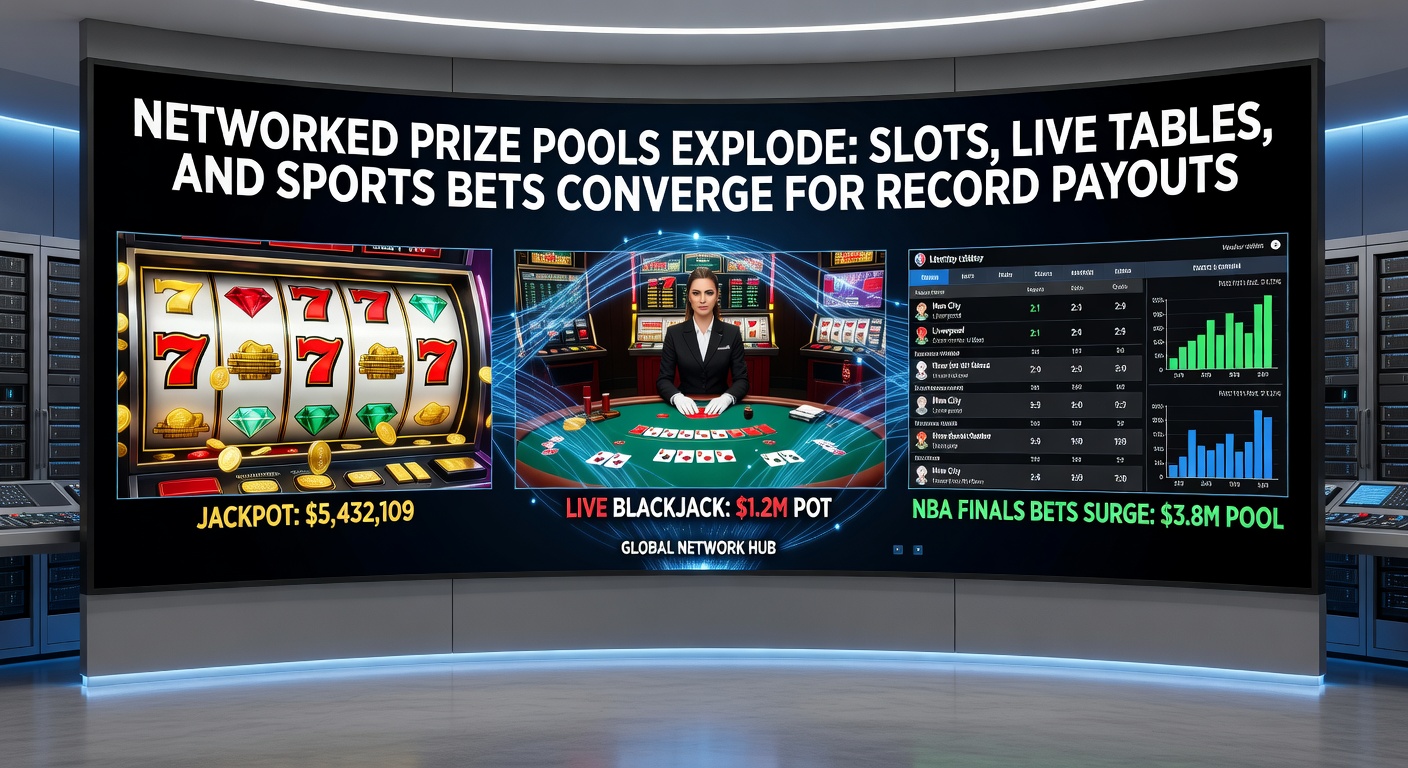 Vibrant digital display showing interconnected jackpot pools across slots, live tables, and sports betting interfaces, with exploding prize counters and global player networks