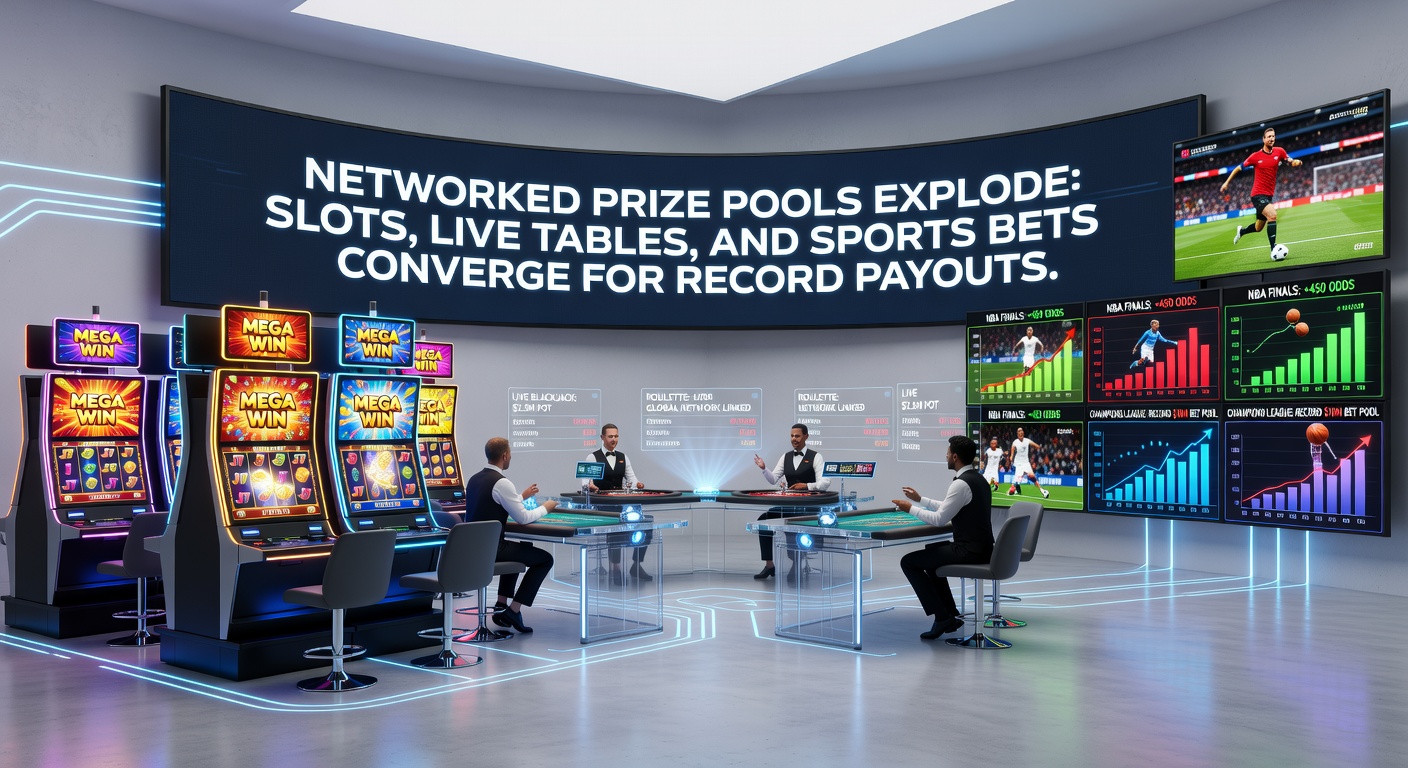 Dynamic screenshot of a unified gaming dashboard displaying soaring networked jackpots from slots, live roulette wheels, and live sports odds, with payout notifications flashing across screens