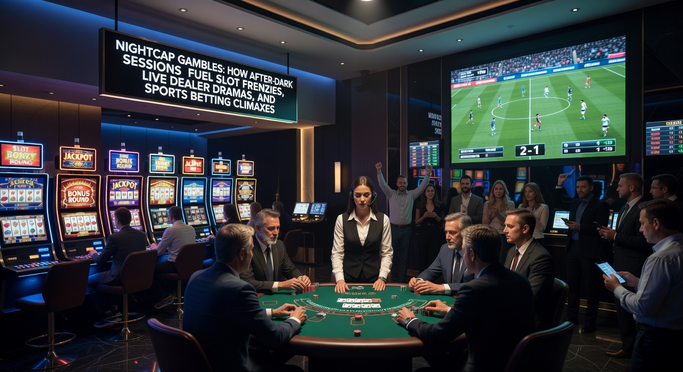 Vibrant neon-lit casino floor at midnight with slot machines flashing and players engaged in intense late-night sessions