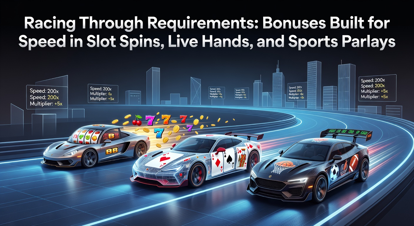 Dynamic slot reels spinning rapidly alongside live dealer cards and sports betting parlay odds, illustrating fast-paced bonus clearing across games