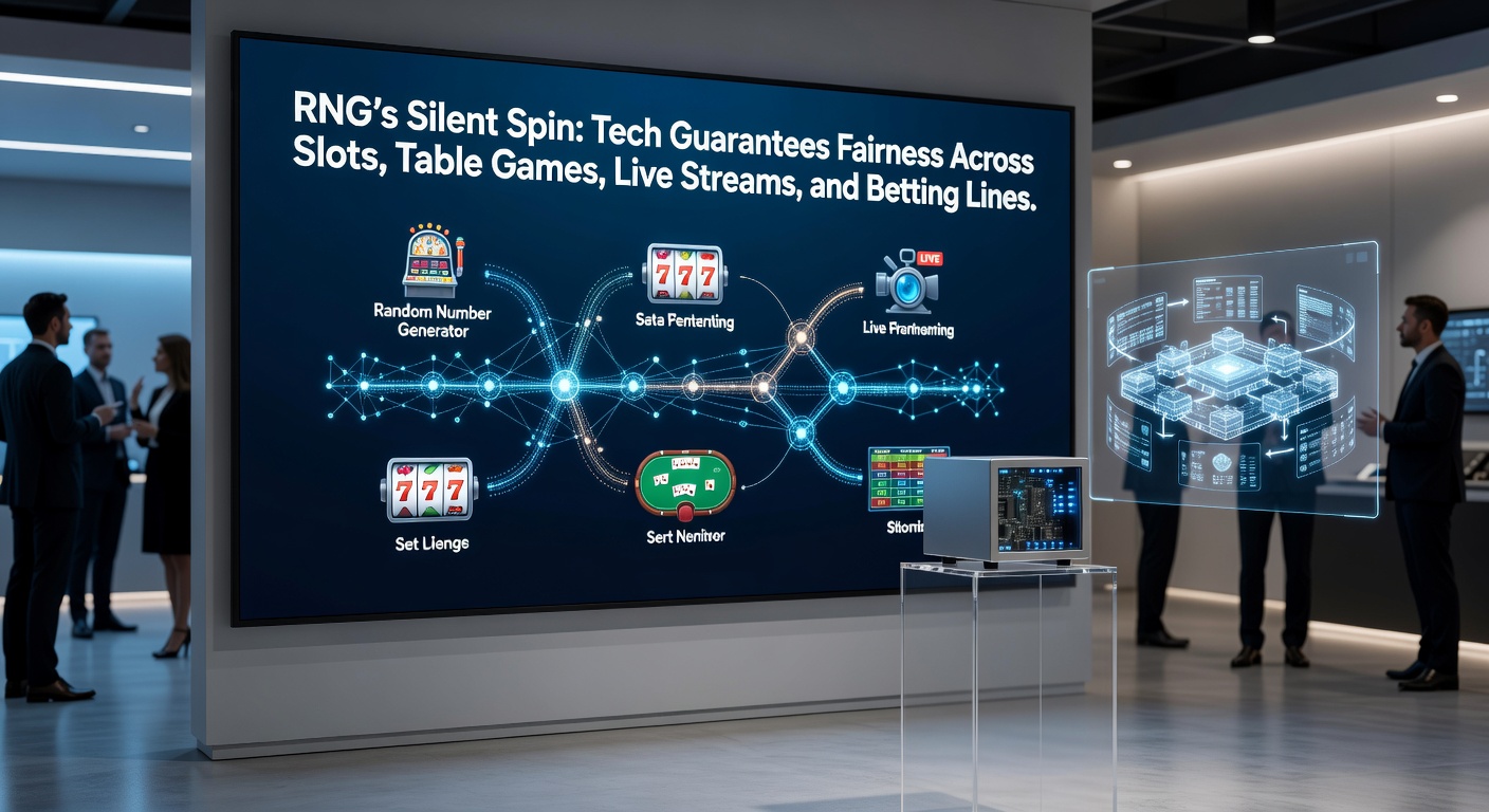 Digital visualization of RNG algorithms generating random outcomes in online casino games, showing cascading numbers and slot reels spinning