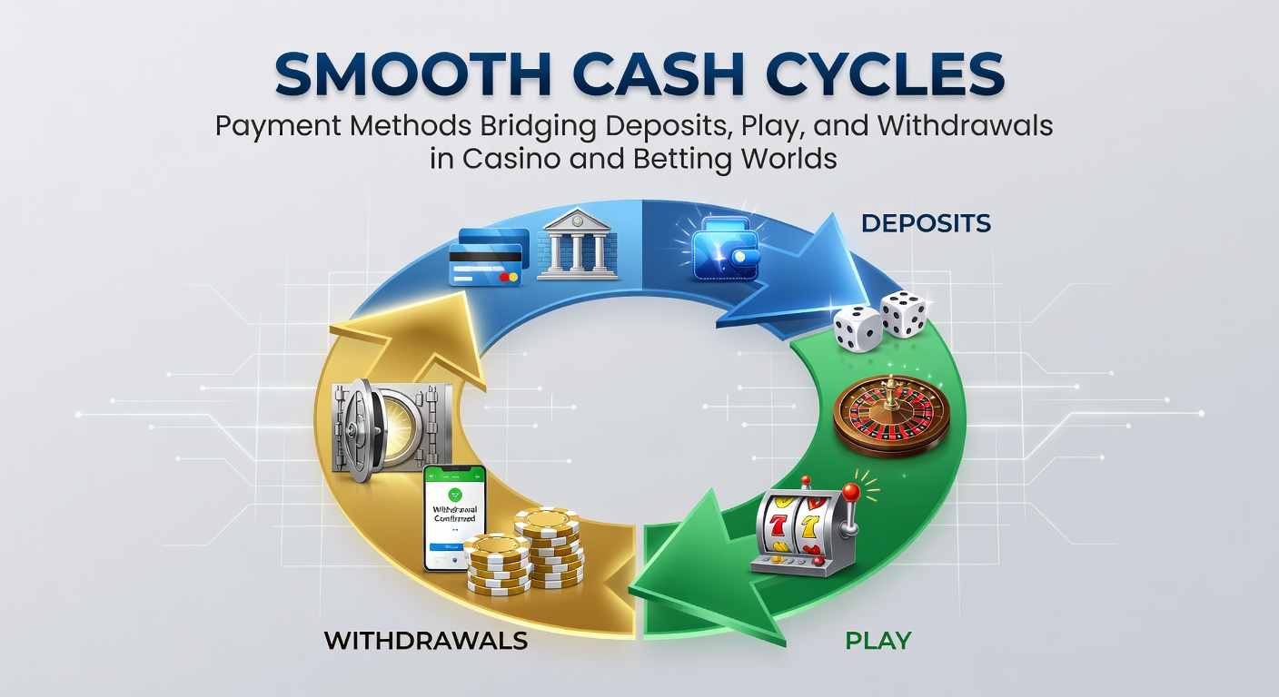 Digital payment icons flowing from deposit to withdrawal in a casino interface, symbolizing seamless cash cycles