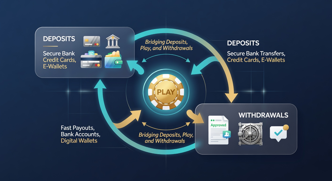 Illustration of a continuous loop showing deposit arrow to gameplay icons and back to withdrawal, with speed lines emphasizing efficiency