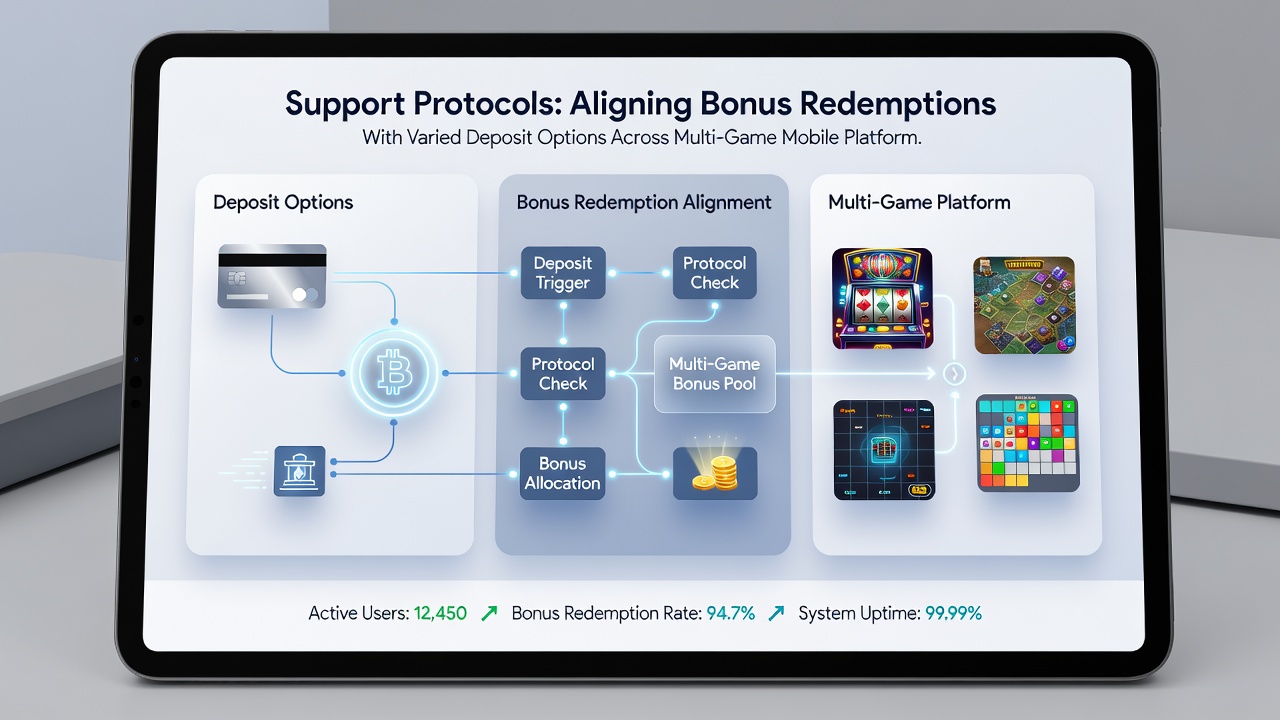Mobile interface showing aligned bonus redemption and deposit confirmation across slots, live casino, and sports betting sections