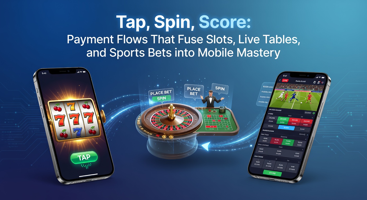 Mobile screen showing a unified wallet interface transitioning from slot spins to live blackjack and sports betting odds with one-tap payments