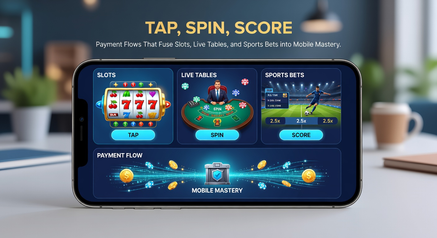 Illustration of payment streams flowing between mobile icons for slot machines, live dealer tables, and sports betting interfaces, highlighting instant transfers and unified balances