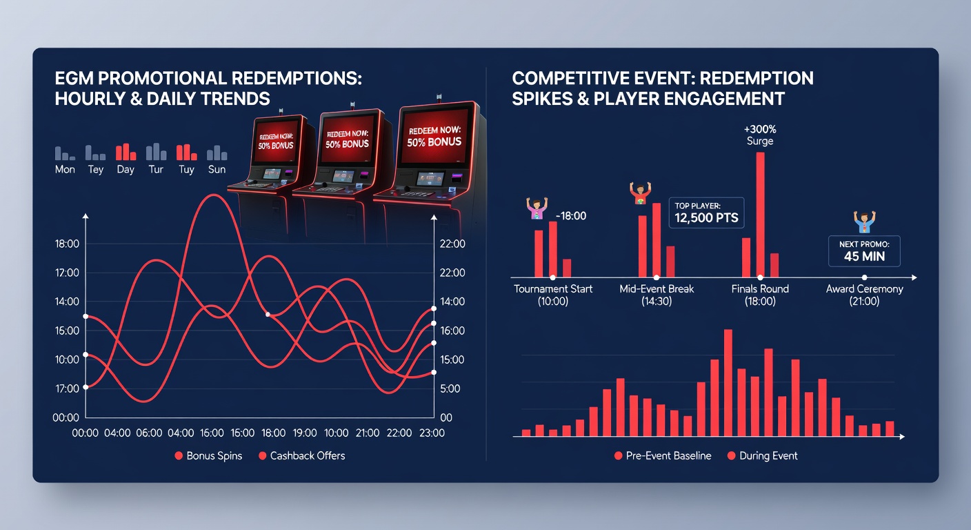 Data visualization charts displaying temporal patterns of gaming machine redemptions correlated with upcoming competitive event schedules