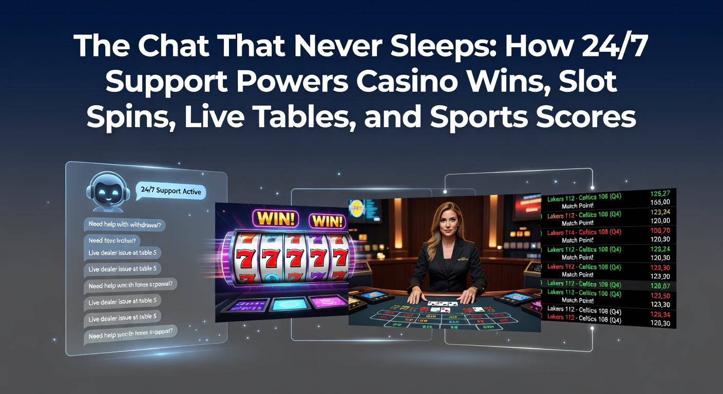 A vibrant chat interface glowing on a screen late at night, symbolizing round-the-clock casino support amid slot reels and sports odds