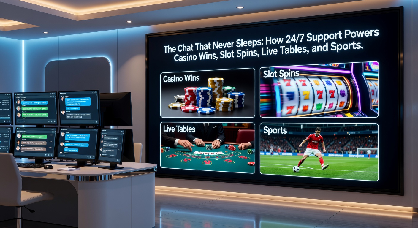 Operators monitoring multiple chat windows during a busy night shift, surrounded by screens showing live casino tables, slot games, and sports betting interfaces