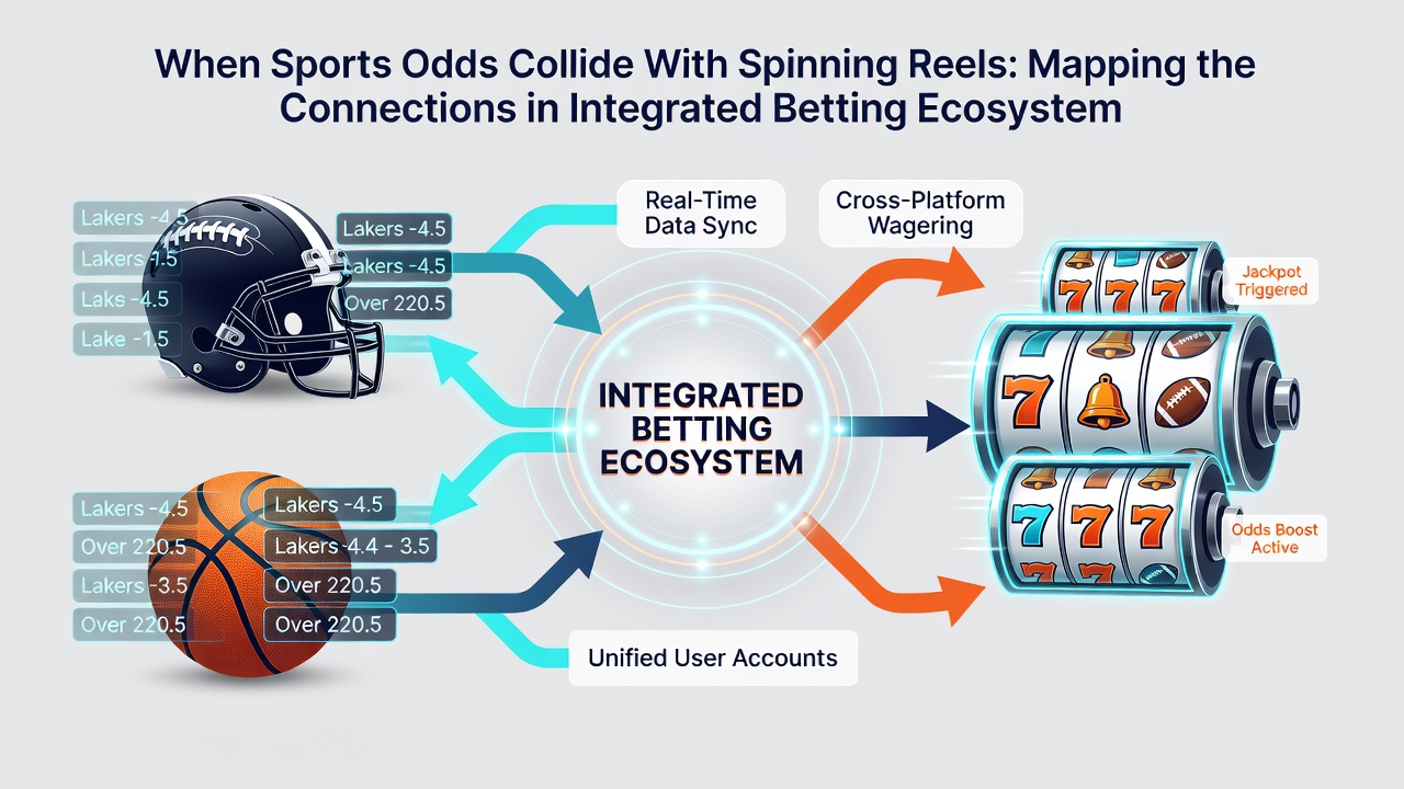 Dashboard view of connected sports betting markets and slot game interfaces within a single user account